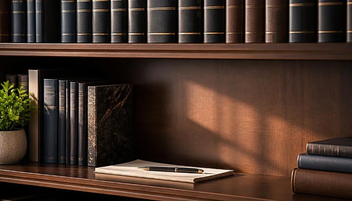 Estante de livros jurídicos com caneta e bloco de notas em escritório de advocacia — marketing para advogados Vitimarketing